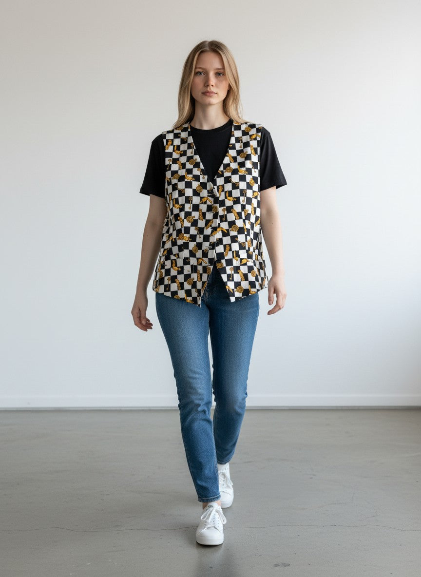 BERLIN VINTAGE CORNER black and white checkerboard vest with gold key and clock print. Sleeveless V-neck vest with button front.