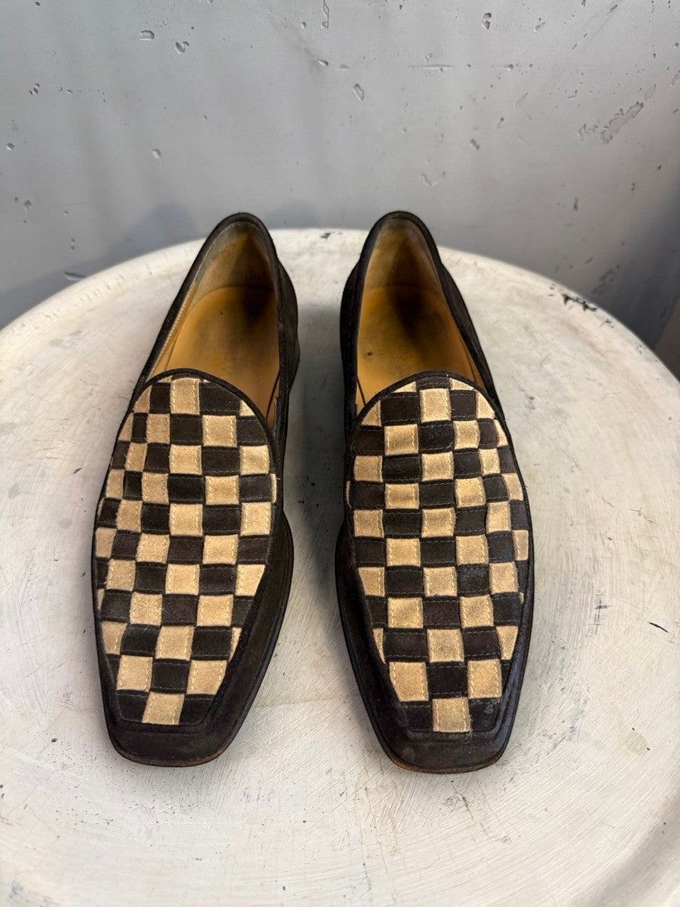 BERLIN VINTAGE CORNER brown and tan checkered suede loafers with slip-on design.