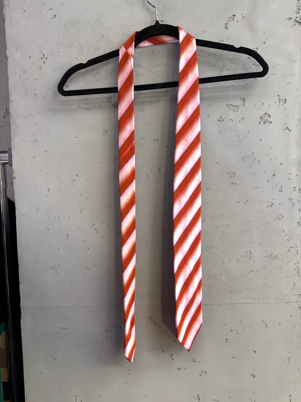 BERLIN VINTAGE CORNER Christian Lacroix pink and burnt orange striped silk necktie with diagonal pattern.