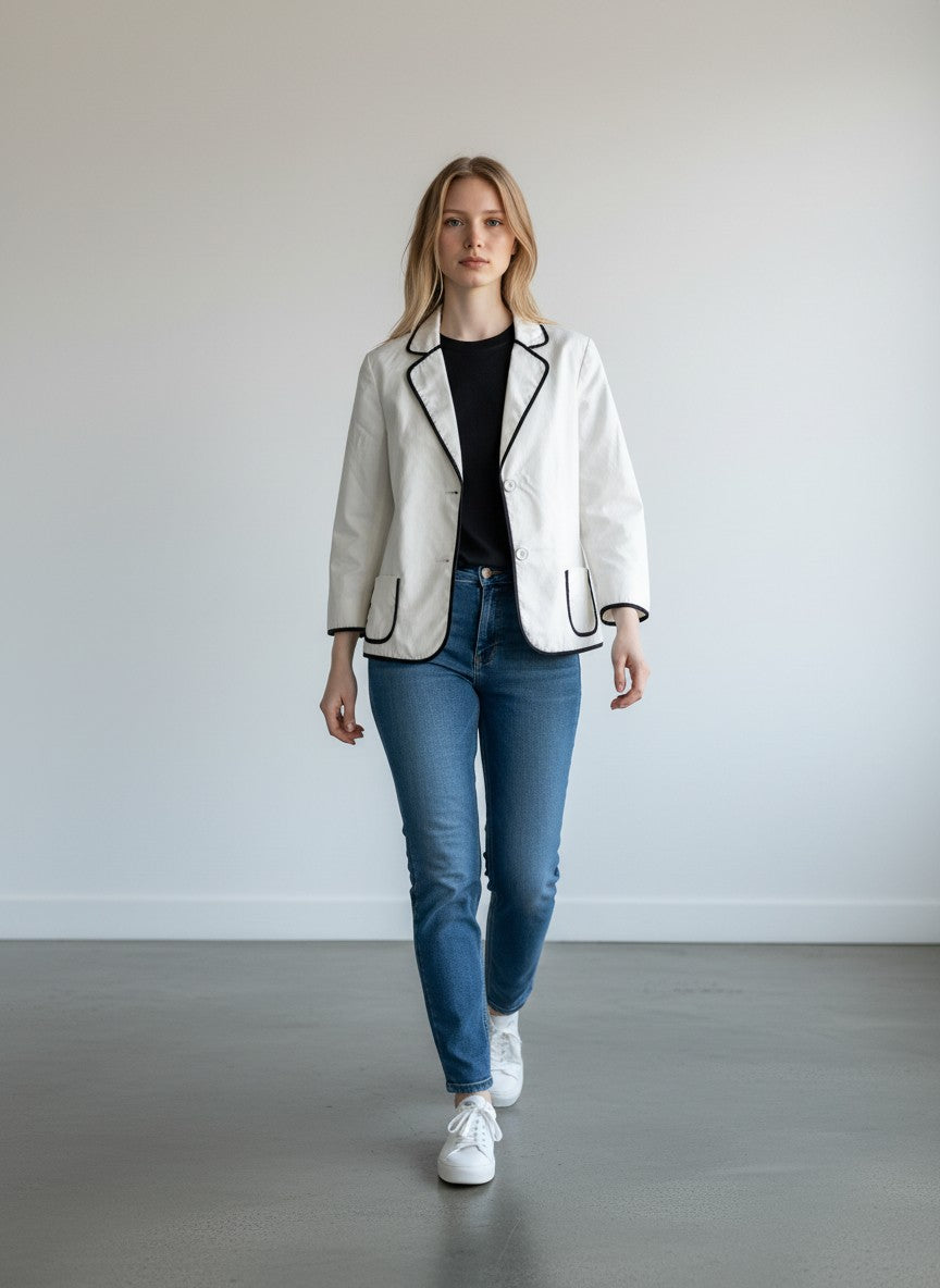 BERLIN VINTAGE CORNER cream blazer with black piping, single-button closure, flap pockets, and three-quarter sleeves.