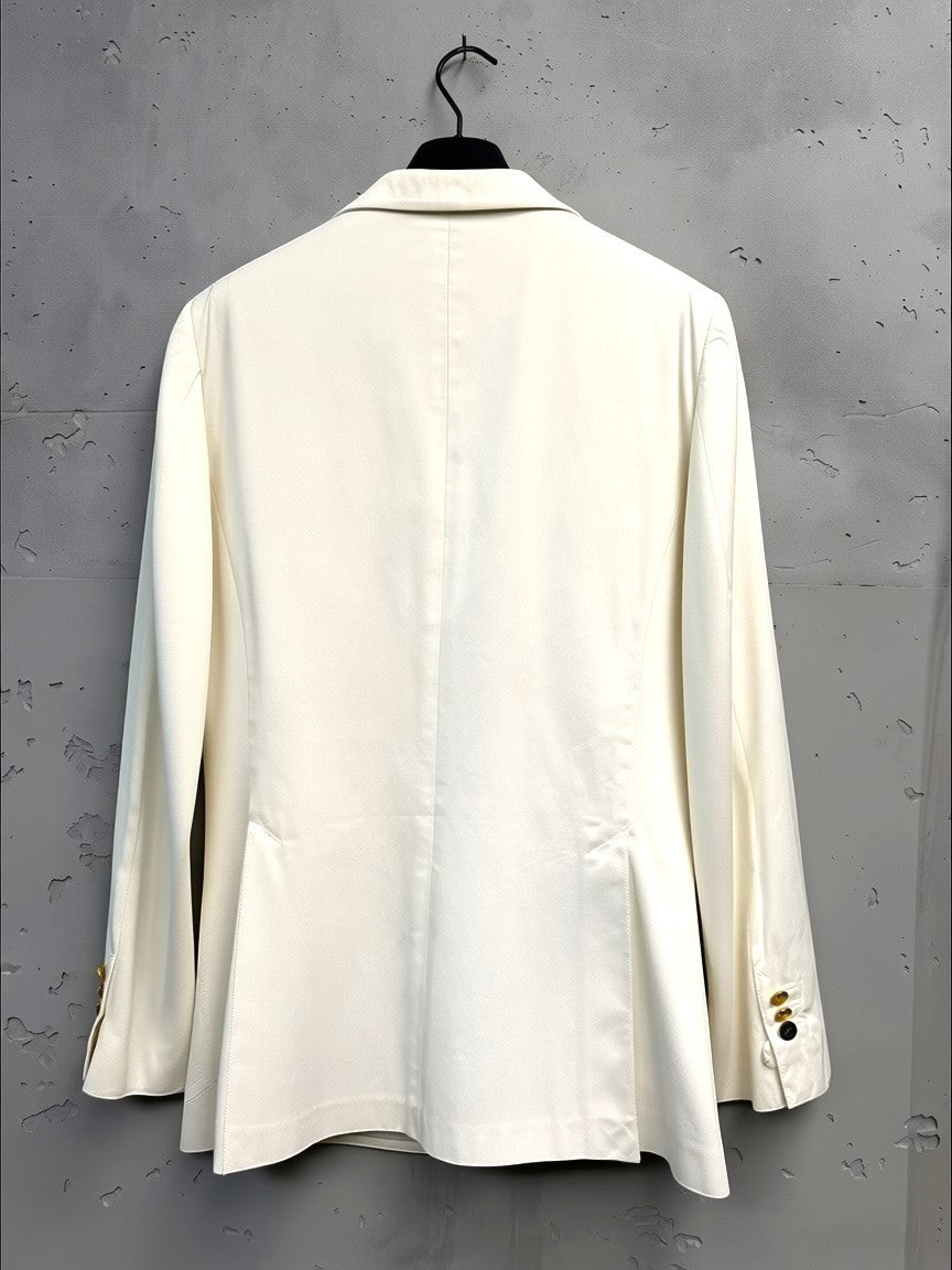 BERLIN VINTAGE CORNER cream cotton blend single-breasted blazer with gold-tone buttons and notched lapel.