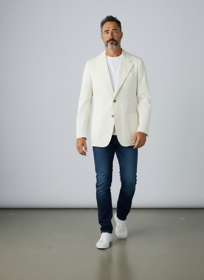 BERLIN VINTAGE CORNER cream cotton blend single-breasted blazer with gold-tone buttons, notched lapel, and patch pockets.