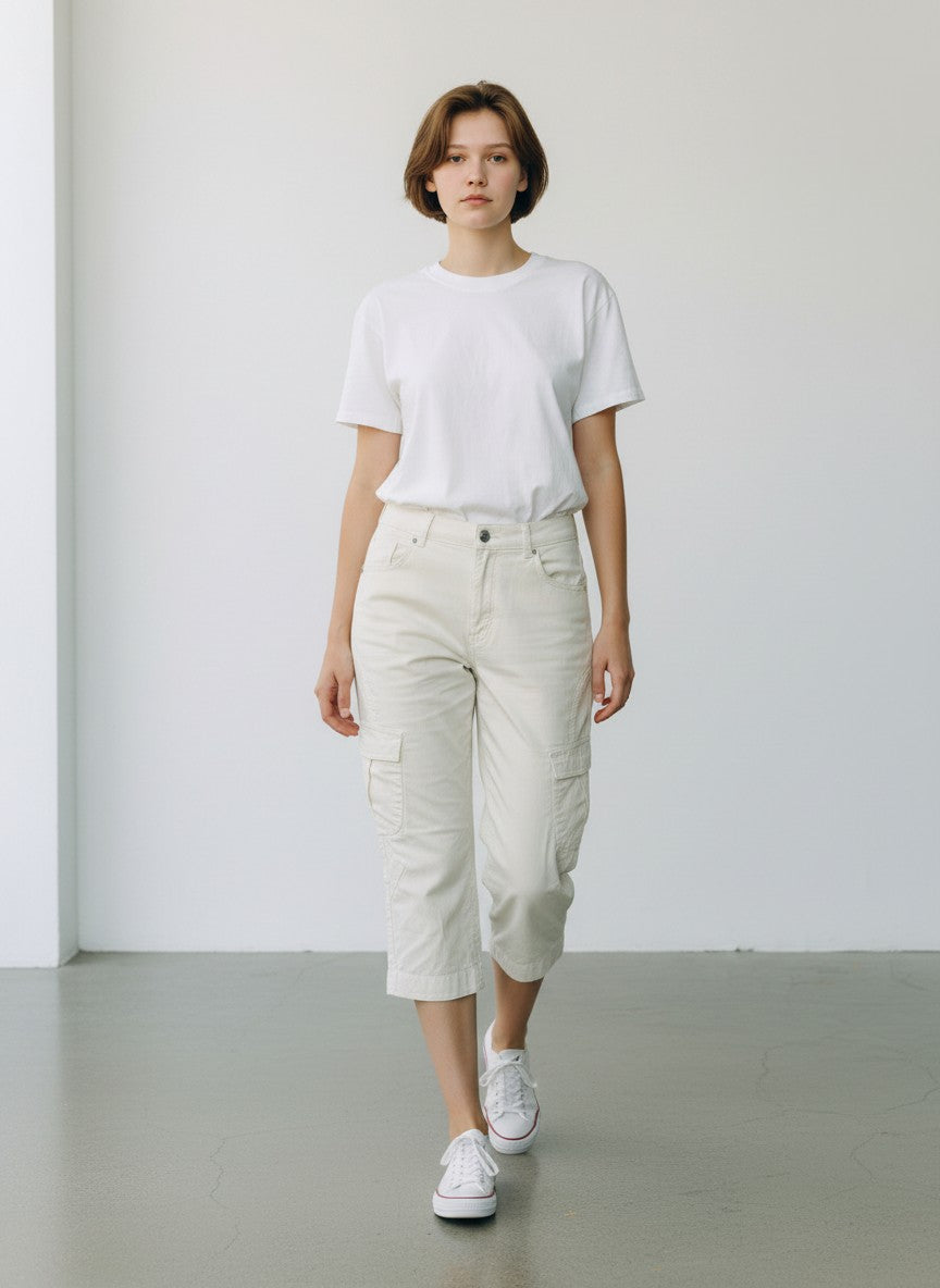 BERLIN VINTAGE CORNER cream cotton blend cargo capri pants with mid-rise fit and multiple pockets.