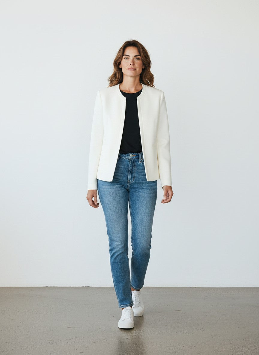 BERLIN VINTAGE CORNER cream collarless cropped jacket with hook-and-eye closure and structured fabric.