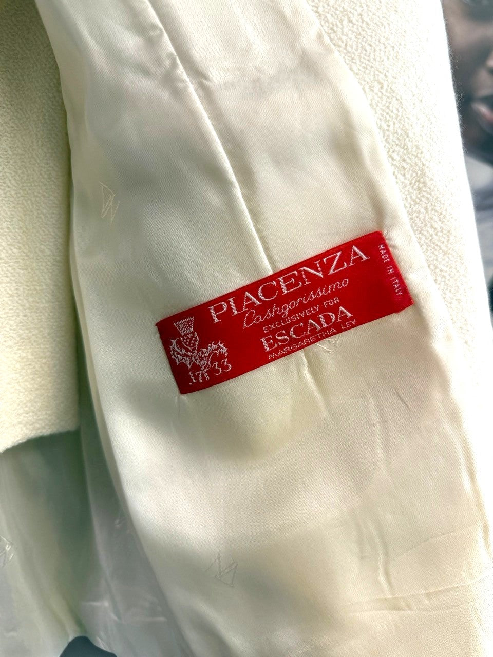 BERLIN VINTAGE CORNER cream wool silk blend jacket and skirt suit with tonal embroidery and Piacenza label.
