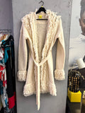 BERLIN VINTAGE CORNER cream Paul Smith long knit cardigan with fringe trim, open front, and tie-waist belt.