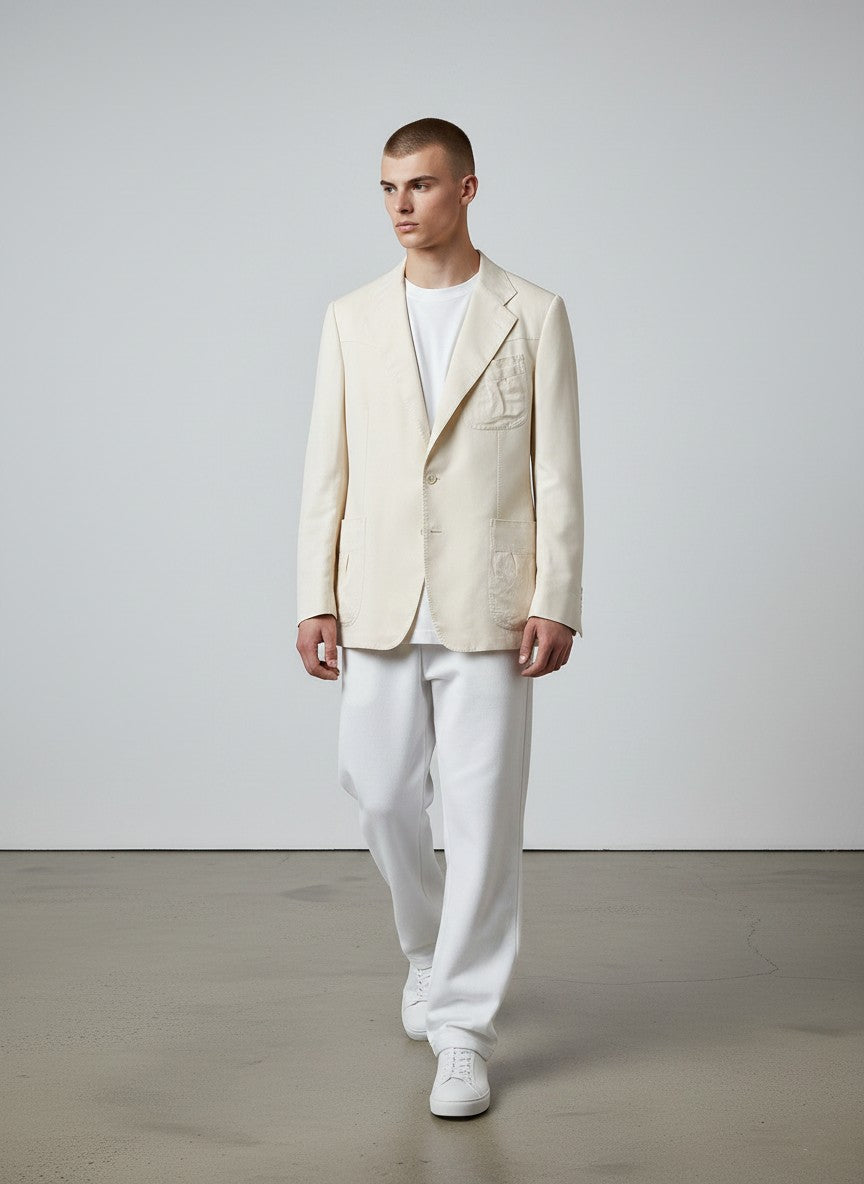 BERLIN VINTAGE CORNER cream linen blend single-breasted blazer with notched lapel and two-button closure.