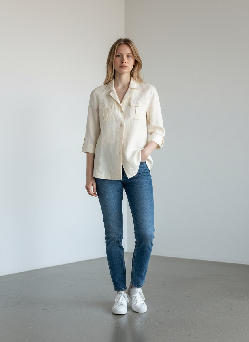 BERLIN VINTAGE CORNER cream linen blend shirt with classic collar, button-down front, and two chest pockets.