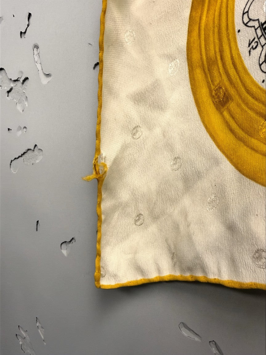 BERLIN VINTAGE CORNER cream silk scarf with pocket watch and floral motif, yellow trim.