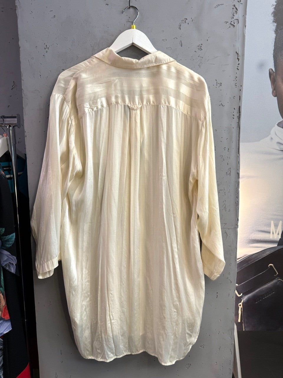 BERLIN VINTAGE CORNER cream oversized button-down shirt with tonal stripes and crinkled texture, back view.