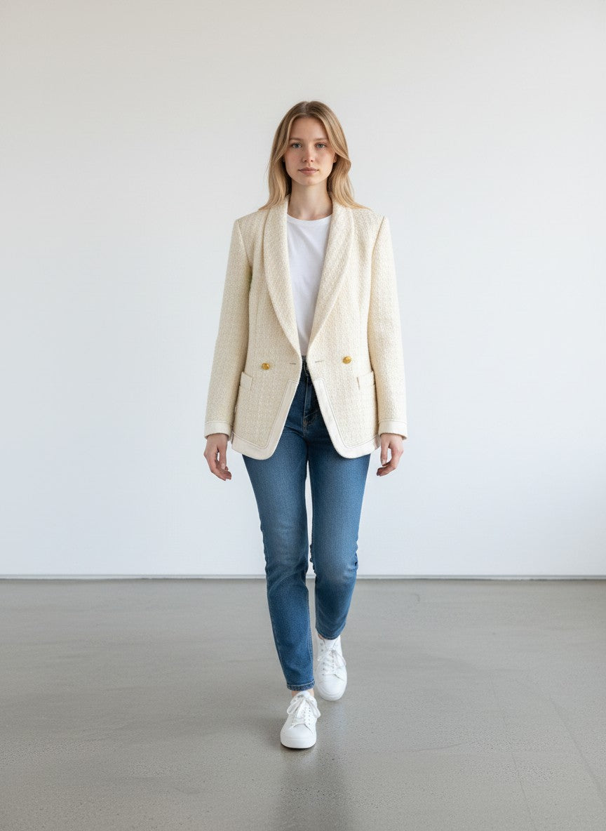 BERLIN VINTAGE CORNER cream textured tweed blazer with gold buttons and piped trim. Made from virgin wool, silk, cotton, nylon.