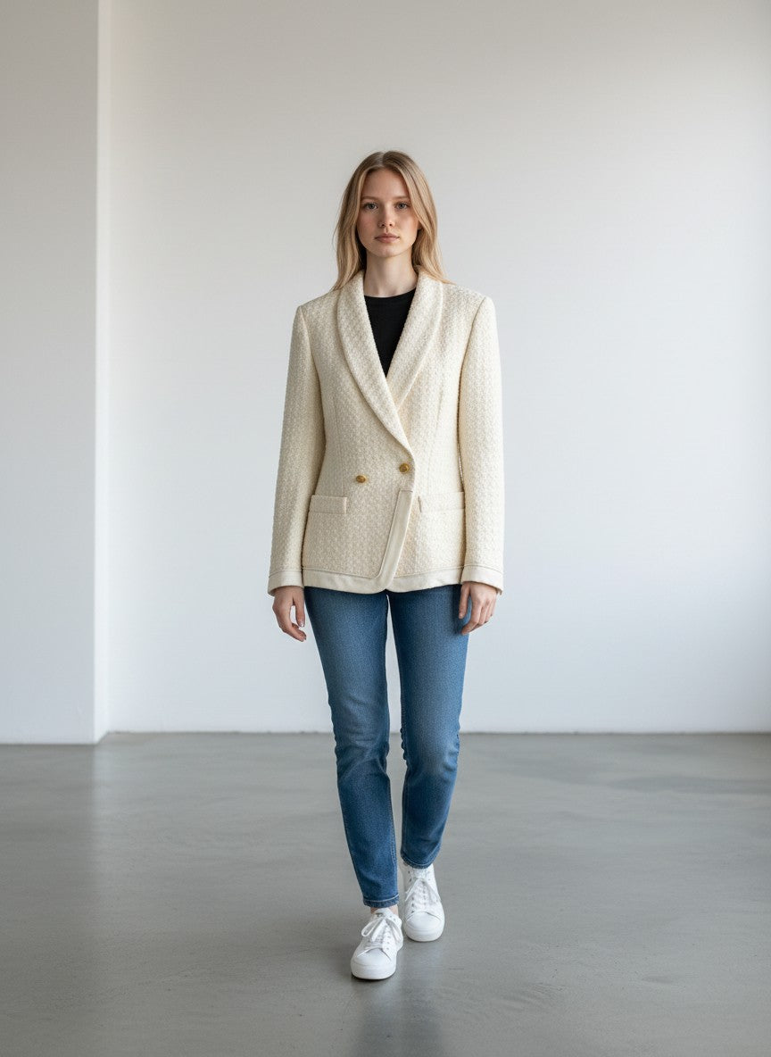 BERLIN VINTAGE CORNER cream textured tweed double-breasted blazer with gold-tone buttons and contrasting trim.