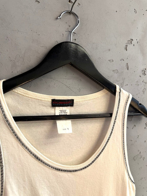 BERLIN VINTAGE CORNER cream Custo Barcelona sleeveless tank top with contrast stitching on a black hanger