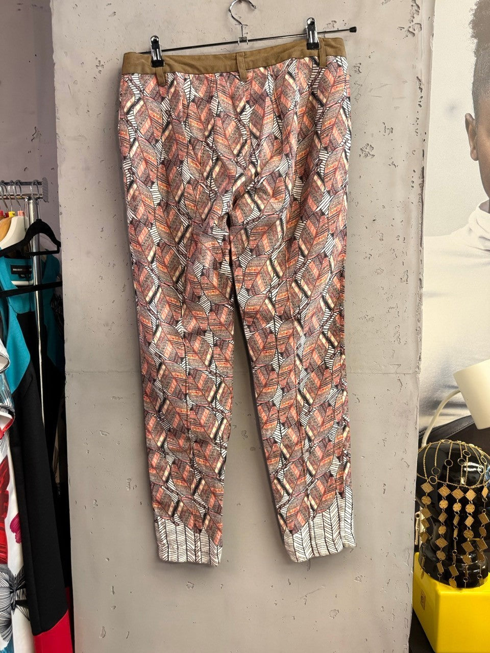 BERLIN VINTAGE CORNER Custo Barcelona trousers with rust, cream, and charcoal leaf print and olive waistband.