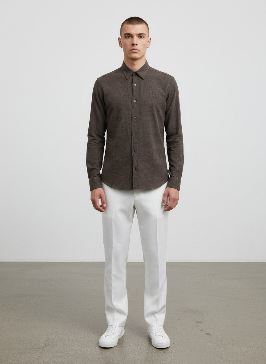BERLIN VINTAGE CORNER dark brown pinstripe button-down shirt, long sleeves, classic collar, tailored fit.