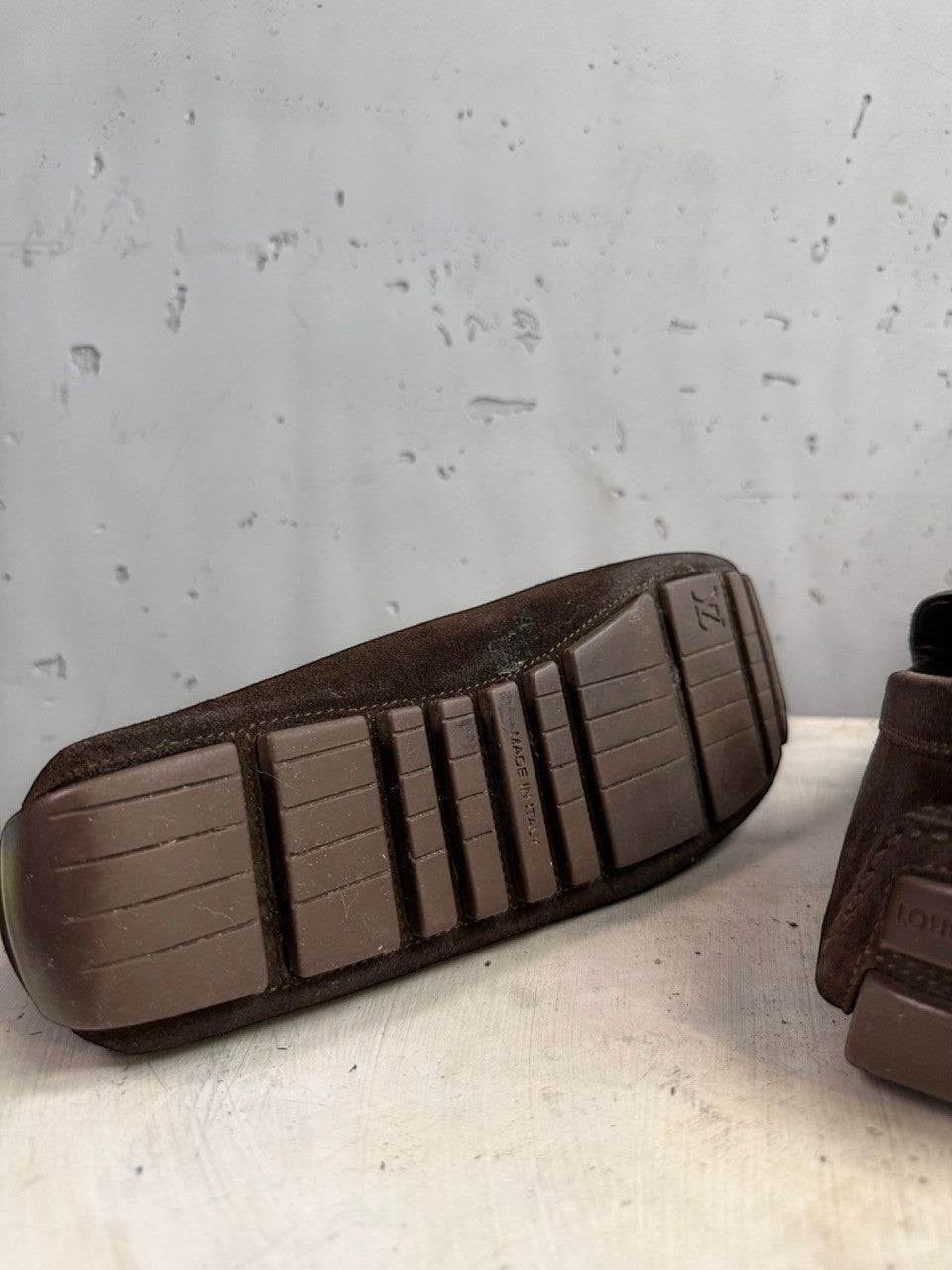 BERLIN VINTAGE CORNER dark brown suede driving loafers with metal detail and flexible grip sole.
