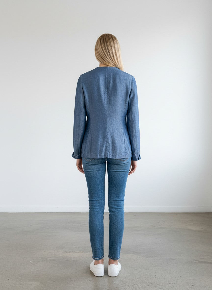 BERLIN VINTAGE CORNER blue denim blazer jacket with rolled cuffs and notched lapel