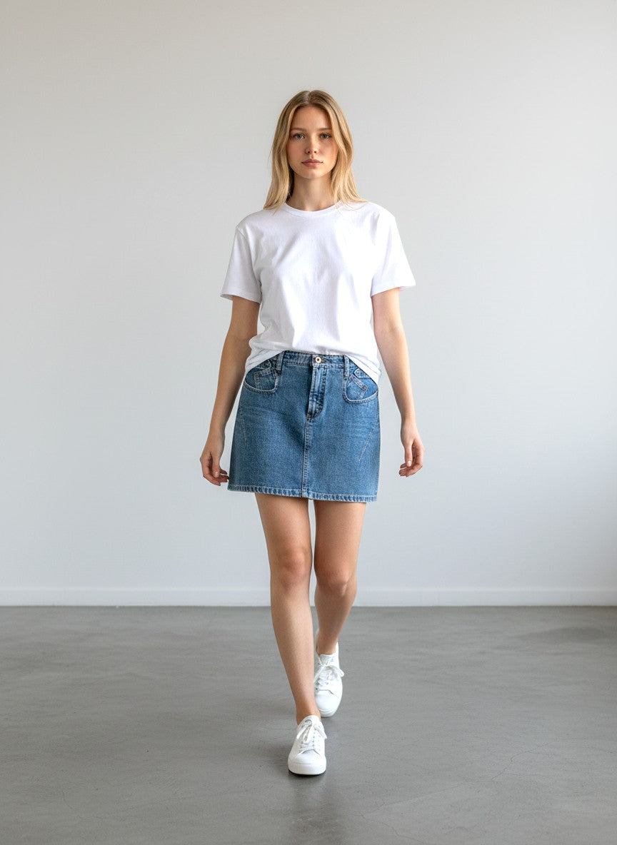 BERLIN VINTAGE CORNER blue denim mini skirt with signature D&G leather patch and adjustable buckle details.