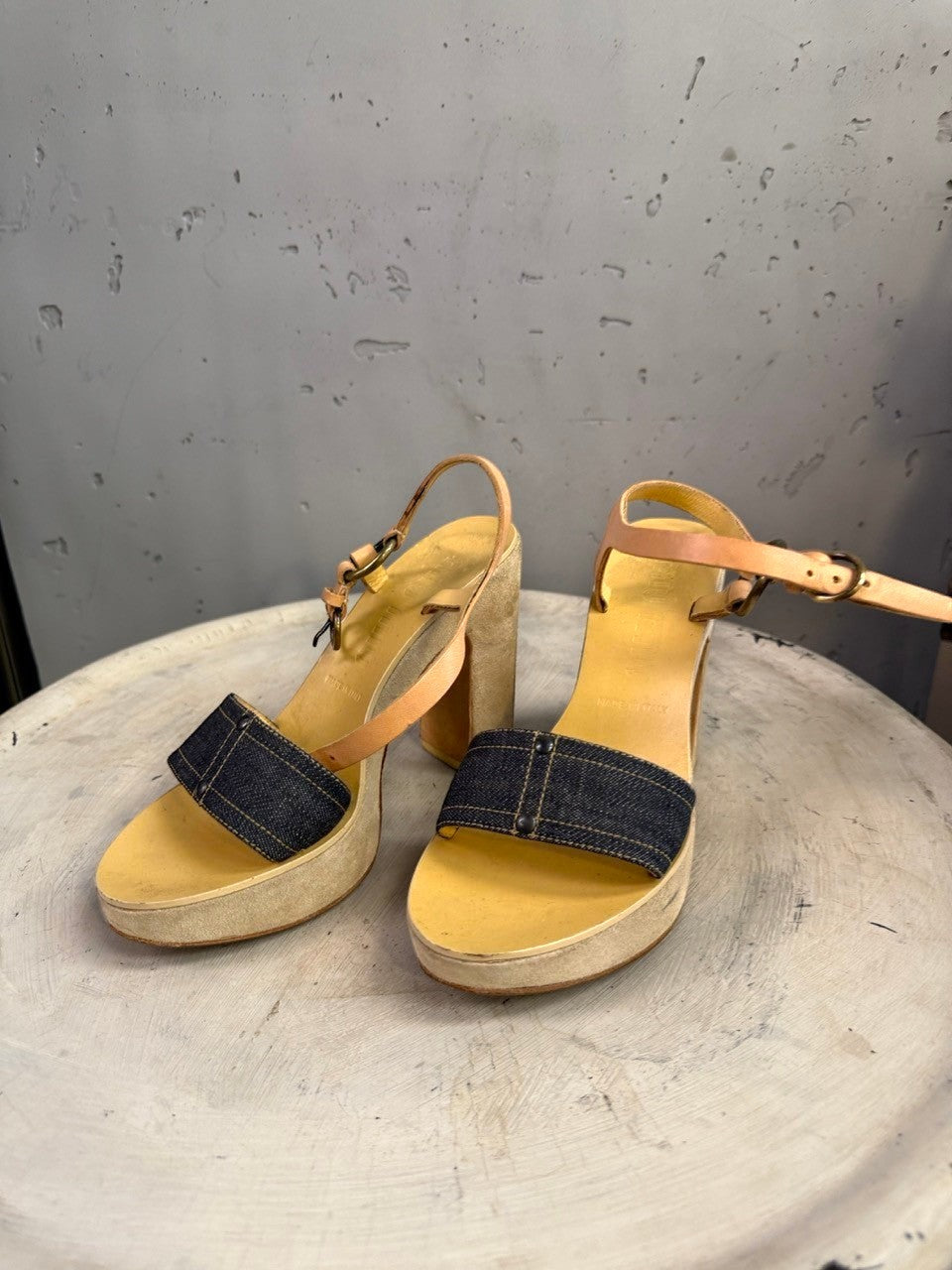 BERLIN VINTAGE CORNER dark denim strap platform sandals with tan leather ankle strap and light beige suede heel.