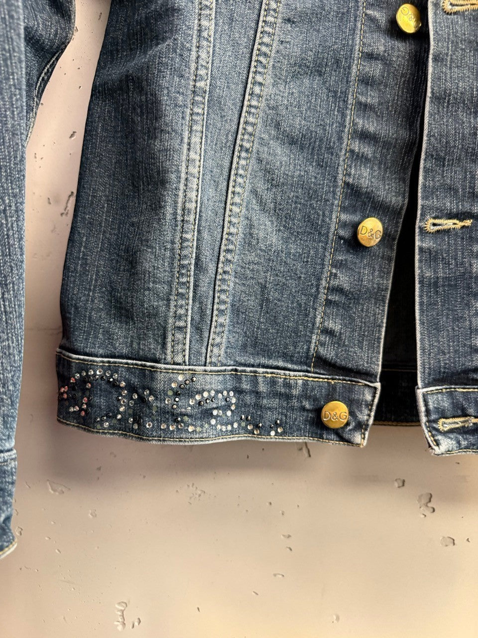 BERLIN VINTAGE CORNER D&G denim jacket in medium wash with crystal embellishments and branded gold buttons
