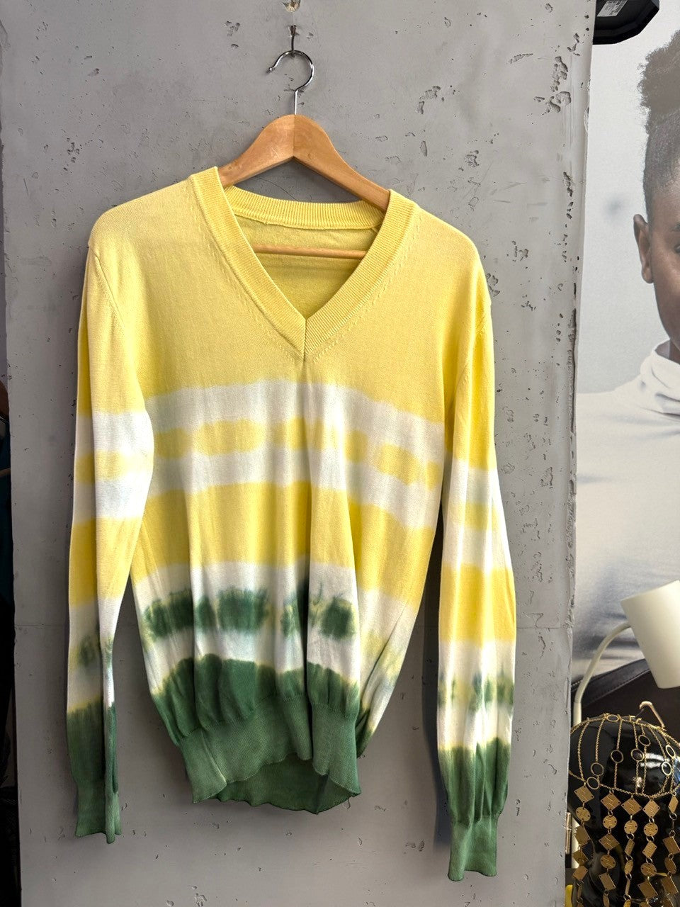 BERLIN VINTAGE CORNER D&G Dolce & Gabbana yellow and green tie-dye V-neck knit sweater with ribbed trim.