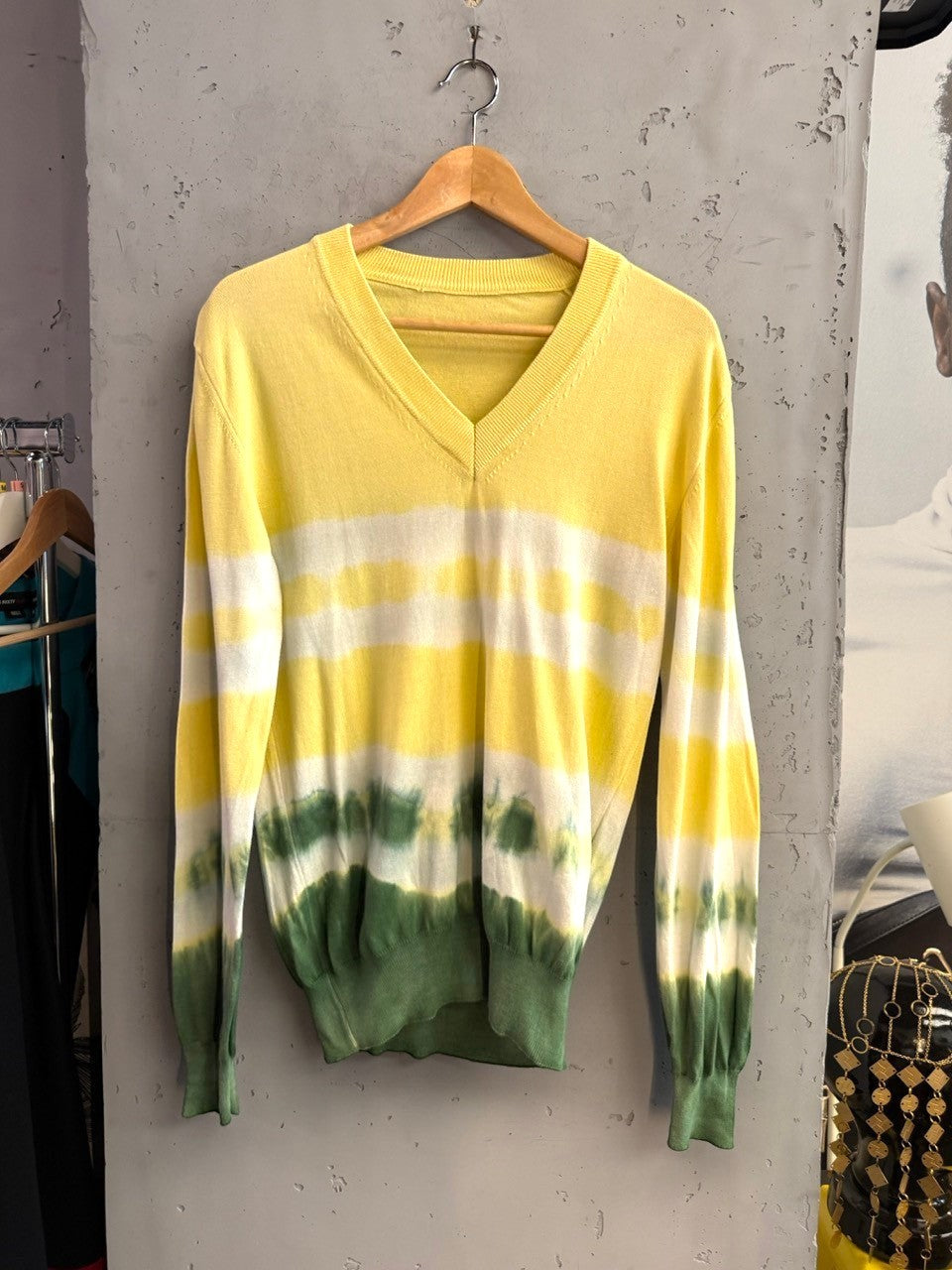 BERLIN VINTAGE CORNER D&G Dolce & Gabbana yellow and green tie-dye V-neck knit sweater with ribbed trim.