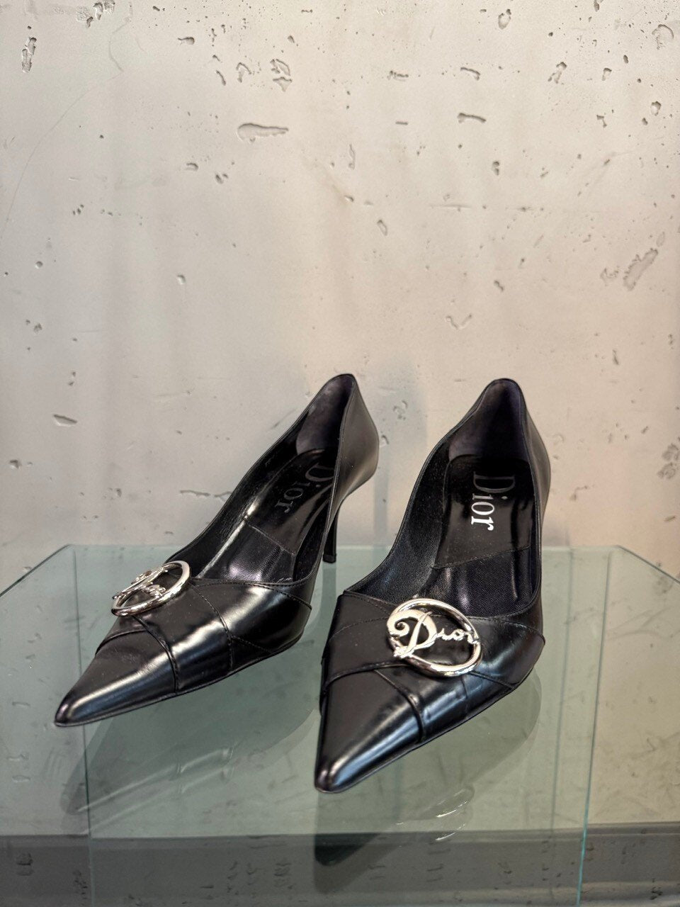 Dior black leather pumps with silver logo ornament