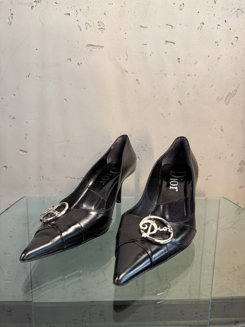 Dior black leather pumps with silver logo ornament