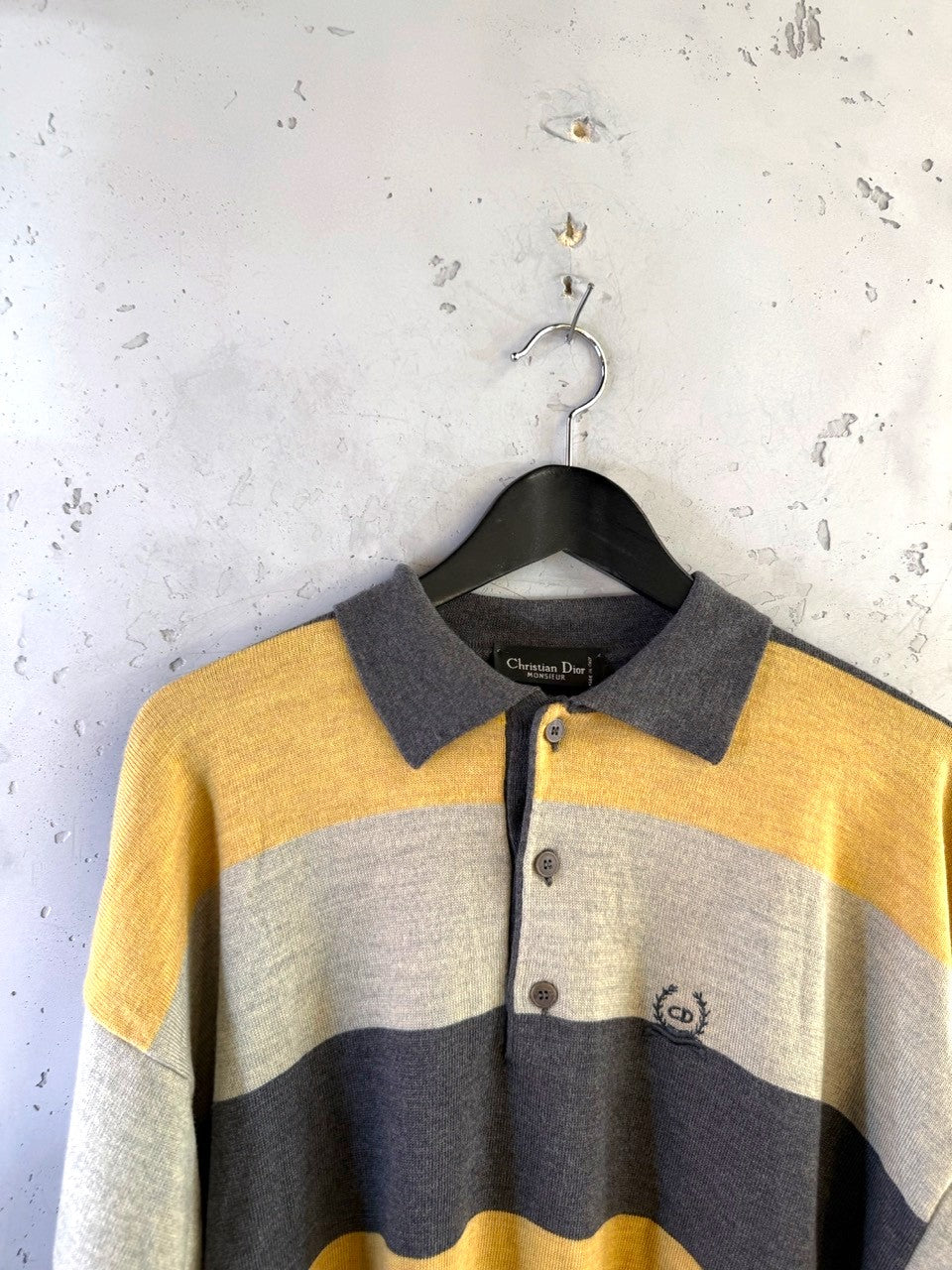Christian Dior Monsieur 80s Striped Wool Knit Polo, collar and label