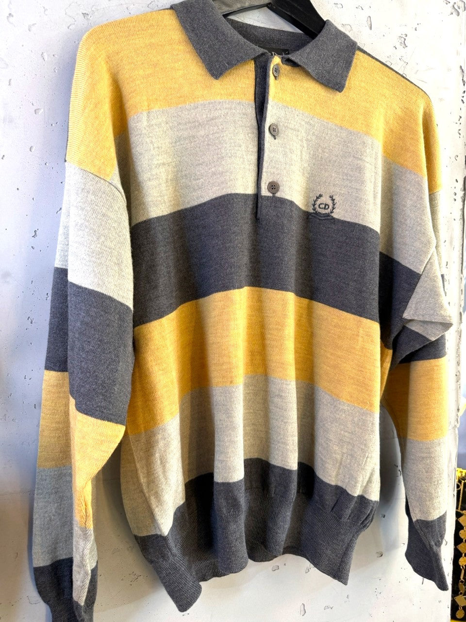 Christian Dior Monsieur 80s Striped Wool Knit Polo, front close up