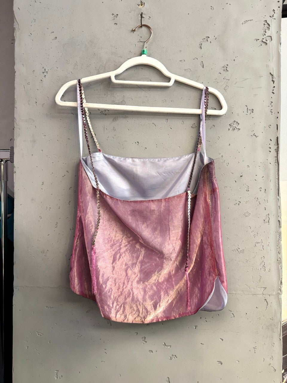 BERLIN VINTAGE CORNER DKNY iridescent pink metallic camisole with beaded sequin straps and square neckline