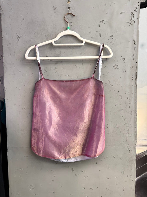 BERLIN VINTAGE CORNER DKNY iridescent pink metallic camisole with beaded sequin straps and square neckline