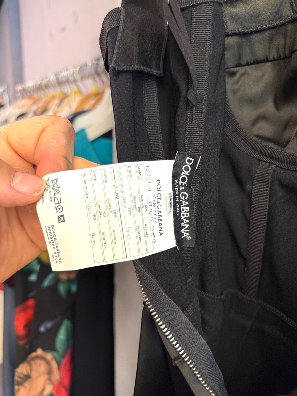 BERLIN VINTAGE CORNER black satin corset top interior garment care label and Dolce & Gabbana brand tag