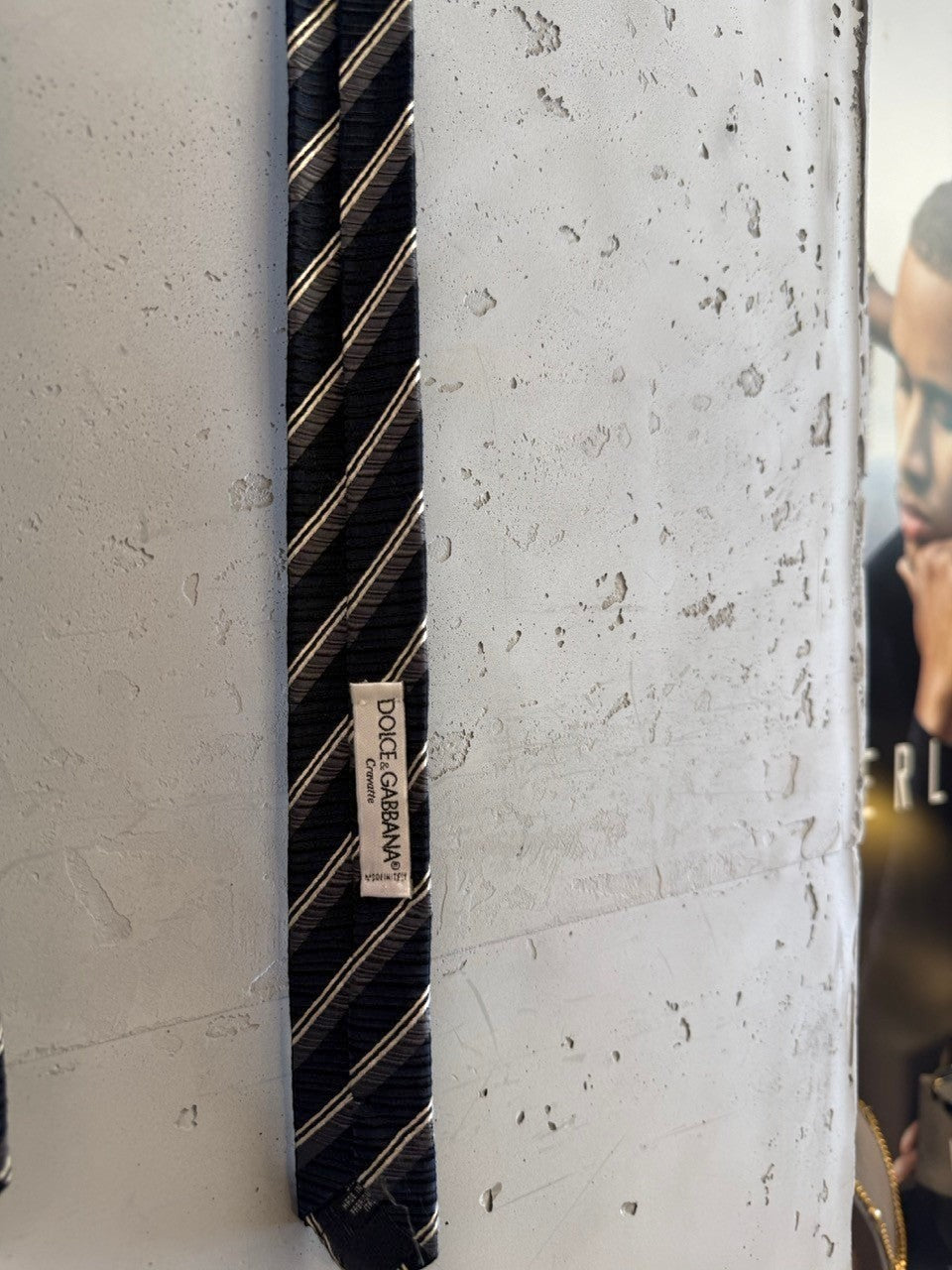 BERLIN VINTAGE CORNER Dolce & Gabbana navy, charcoal, and white striped silk necktie.