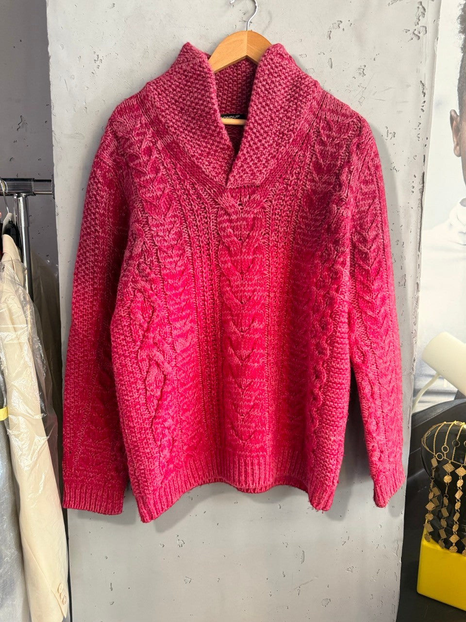 Dondup raspberry shawl collar cable knit sweater, front view