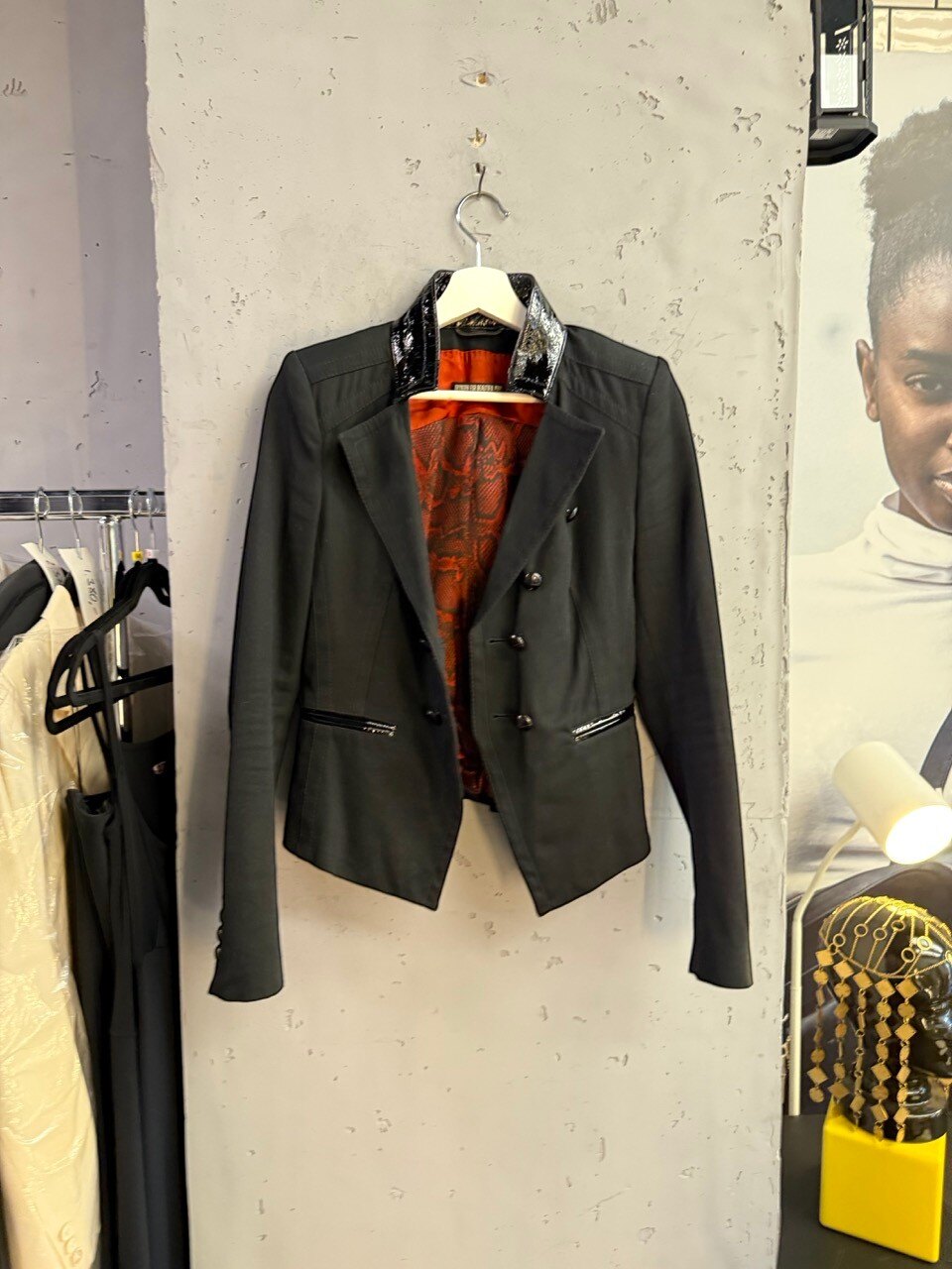 Drykorn blazer, open front showing the red lining