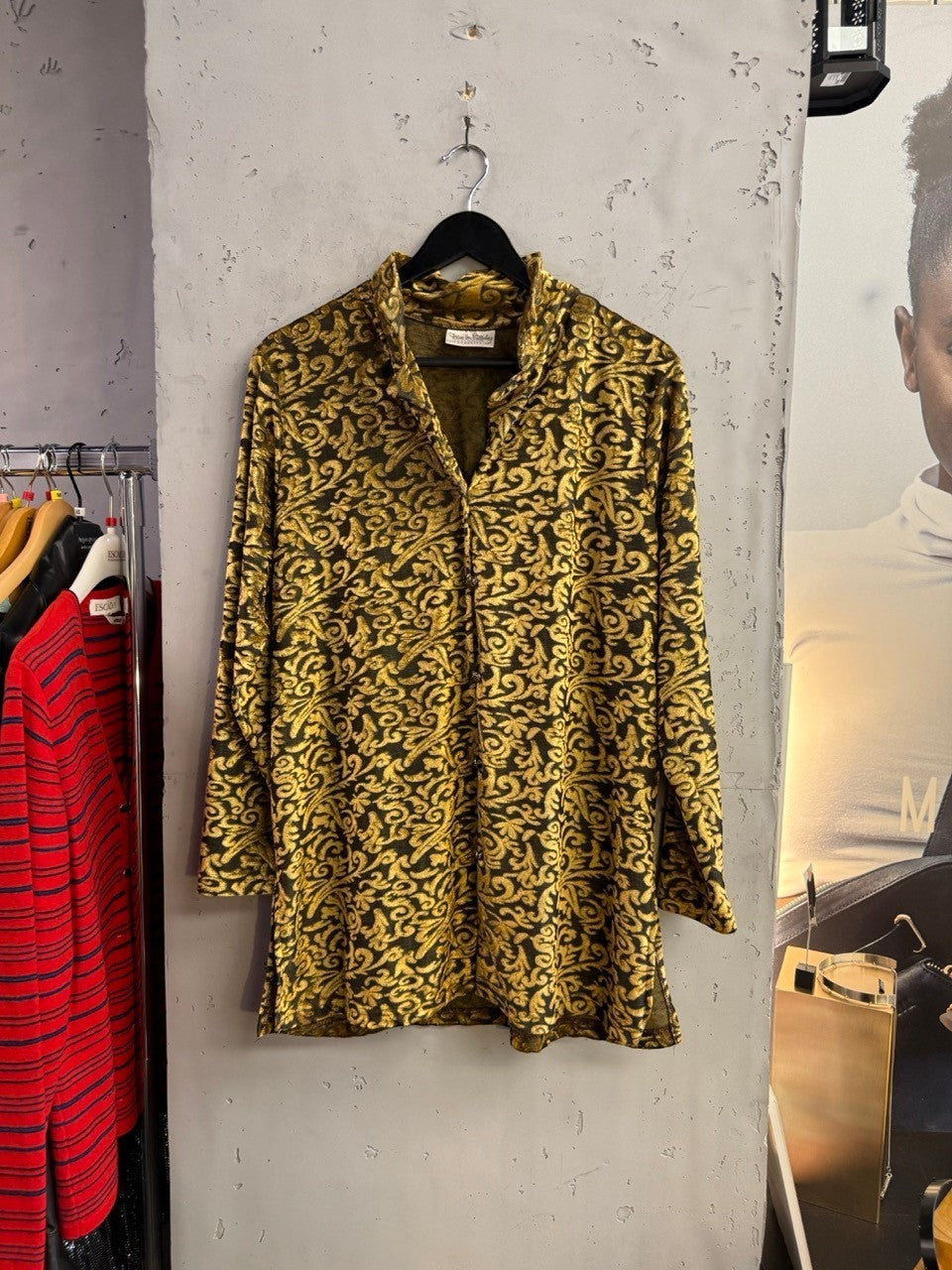 BERLIN VINTAGE CORNER Diane Von Furstenberg olive and gold velvet damask button-down shirt with long sleeves.