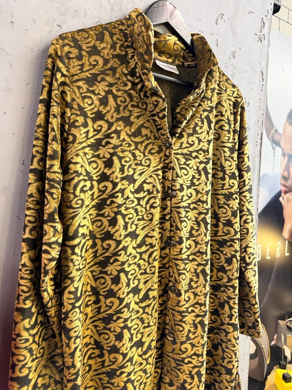 BERLIN VINTAGE CORNER Diane Von Furstenberg velvet button-down shirt in olive and gold damask botanical print.