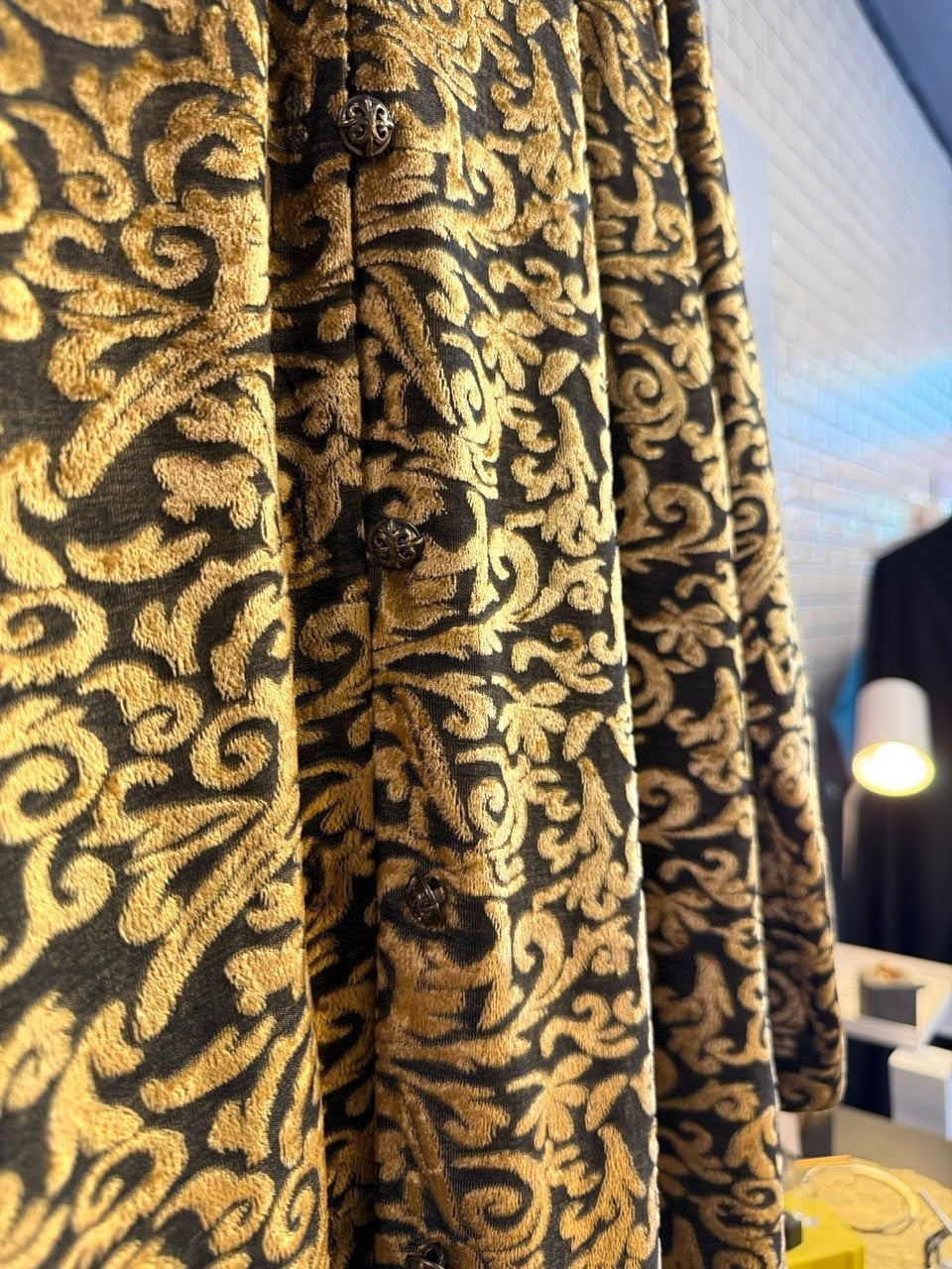 BERLIN VINTAGE CORNER Diane Von Furstenberg velvet button-down shirt with gold and olive damask botanical pattern.