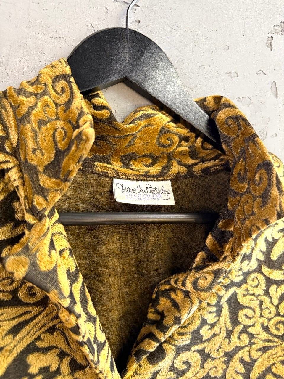 BERLIN VINTAGE CORNER Diane Von Furstenberg velvet button-down shirt in olive and gold damask botanical print.