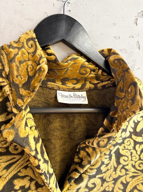 BERLIN VINTAGE CORNER Diane Von Furstenberg velvet button-down shirt in olive and gold damask botanical print.