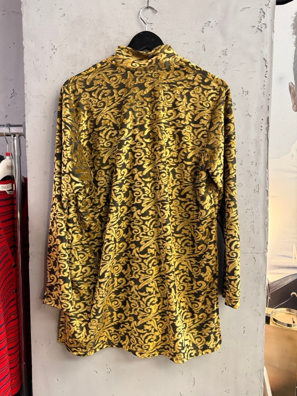 BERLIN VINTAGE CORNER Diane Von Furstenberg velvet button-down shirt in olive and gold damask botanical print.