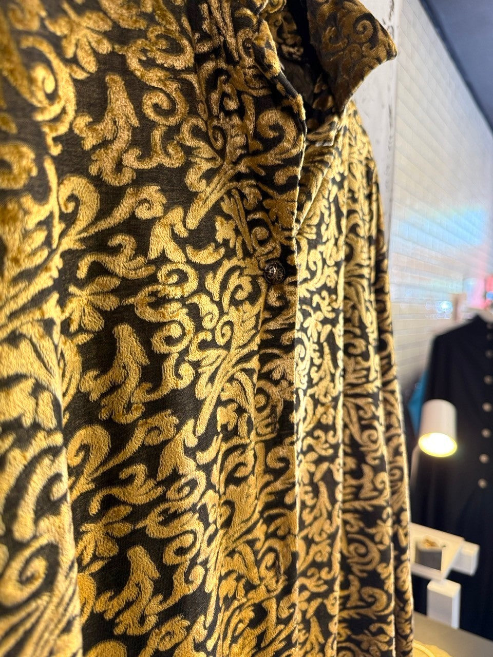 BERLIN VINTAGE CORNER Diane Von Furstenberg velvet button-down shirt in olive and gold damask botanical pattern.