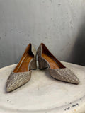 BERLIN VINTAGE CORNER embellished pointed toe block heels in shimmering gold fabric with sparkling details.