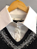 BERLIN VINTAGE CORNER charcoal grey embellished V-neck sweater with attached white collared blouse and pearl buttons.