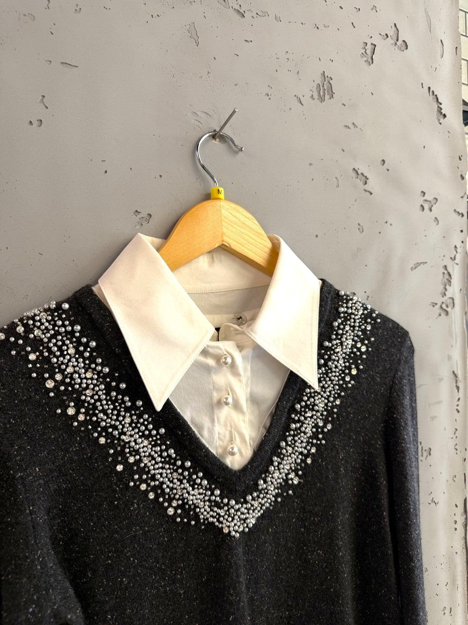 BERLIN VINTAGE CORNER charcoal grey V-neck sweater with attached white collared blouse, embellished with pearls and beads.