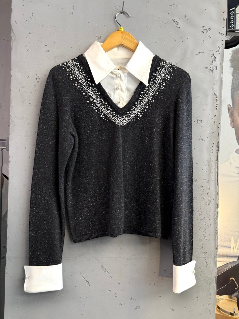 BERLIN VINTAGE CORNER charcoal grey V-neck sweater with attached white collared blouse, pearl & bead embellishments, and button cuffs.