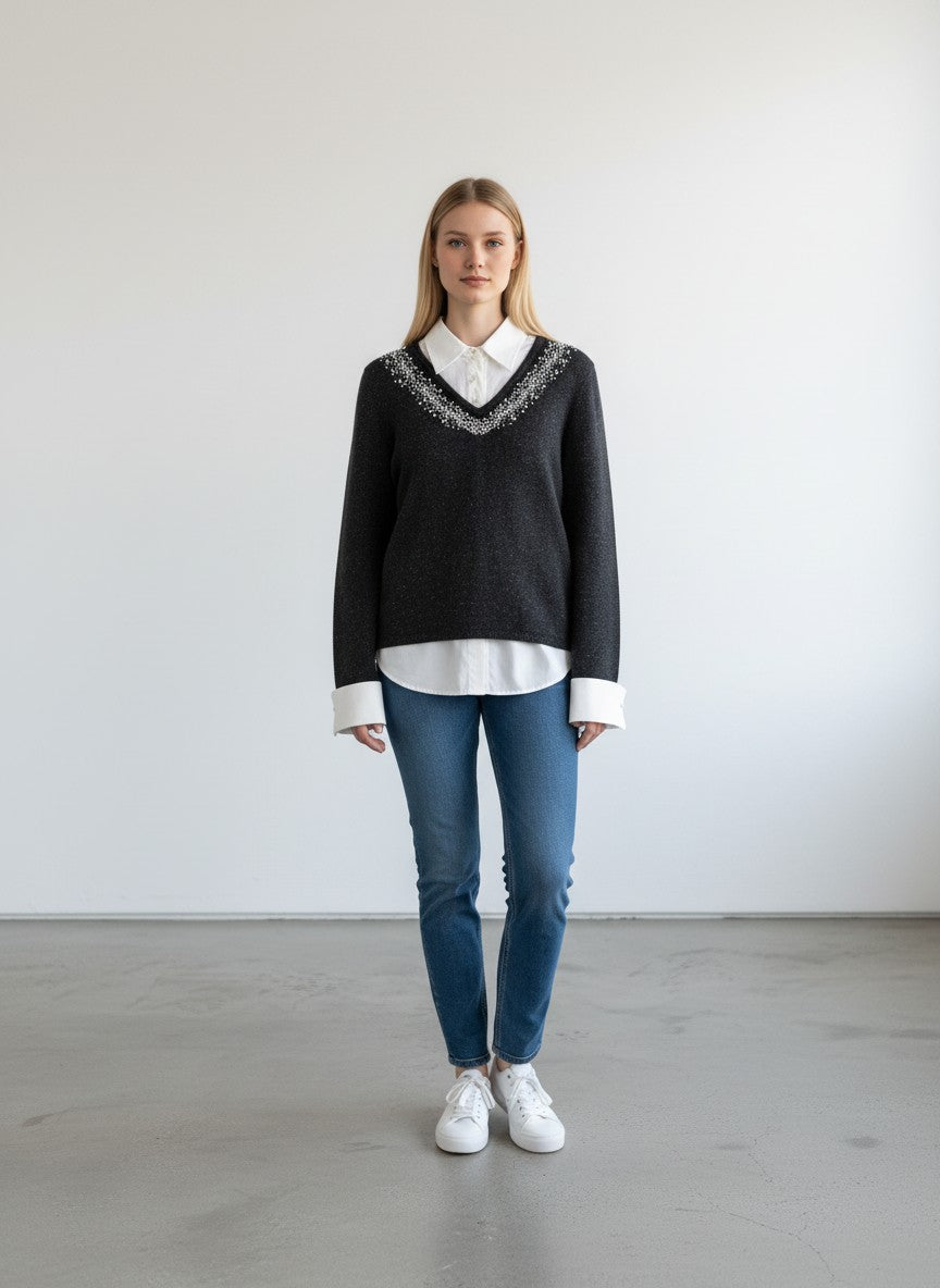 BERLIN VINTAGE CORNER charcoal grey sweater with attached white blouse, pearl & bead embellished V-neck, cuffs, and collar.