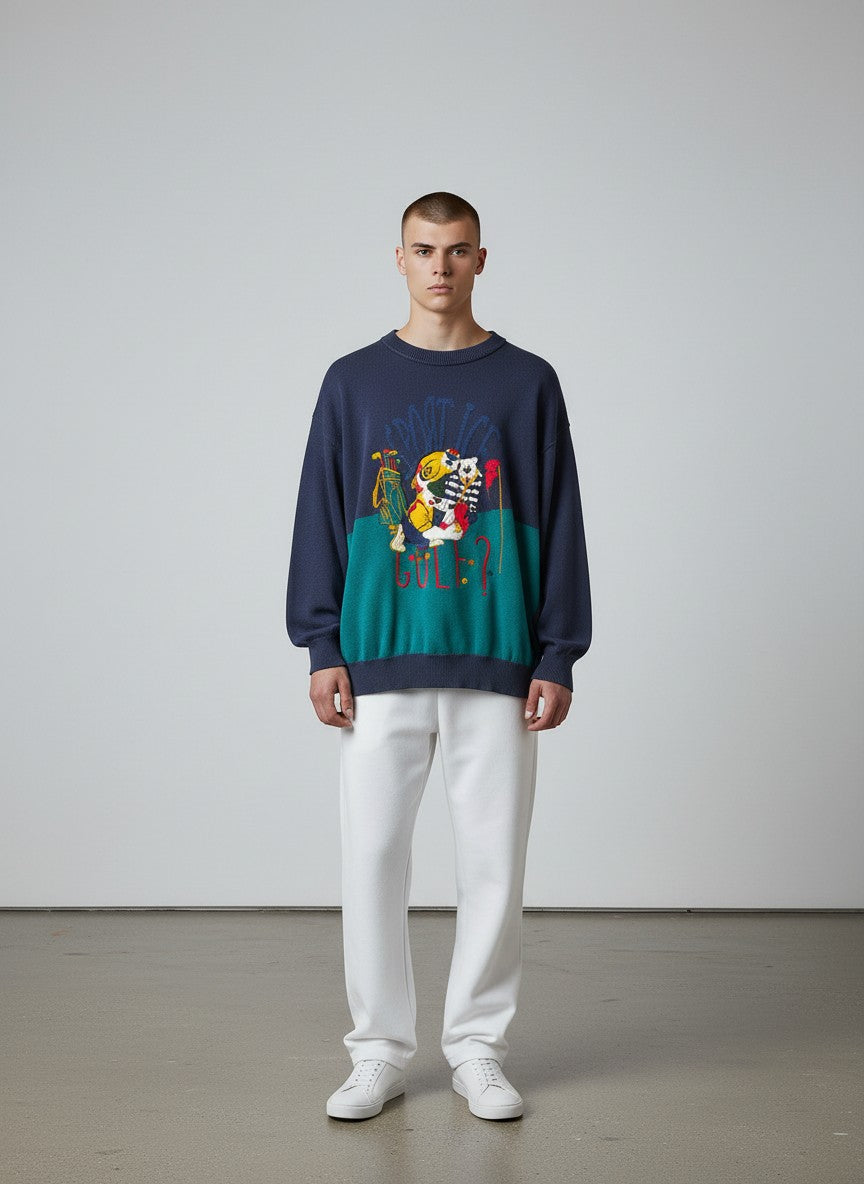 BERLIN VINTAGE CORNER navy and teal knit sweater with embroidered cartoon bears playing golf. Features a crew neck and long sleeves.