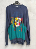 BERLIN VINTAGE CORNER navy and teal knit sweater with embroidered cartoon bears playing golf. Features a retro, whimsical design.